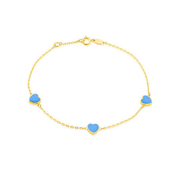 9K Yellow Gold Turquoise Heart Bracelet 19cm
