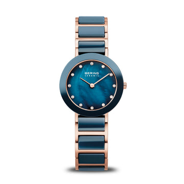 Bering Ceramic Polished Rose Gold Blue Watch