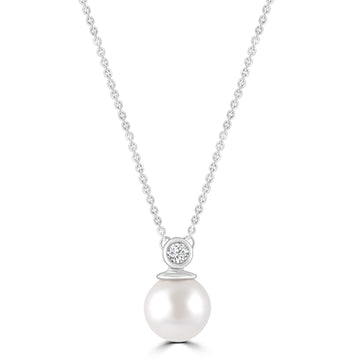 Diamond Pearl Necklace with 0.03ct Diamonds in 9K White Gold - N-20565-003-W