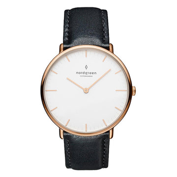 Nordgreen Native 32mm Rose Gold Case Black Leather Strap Watch