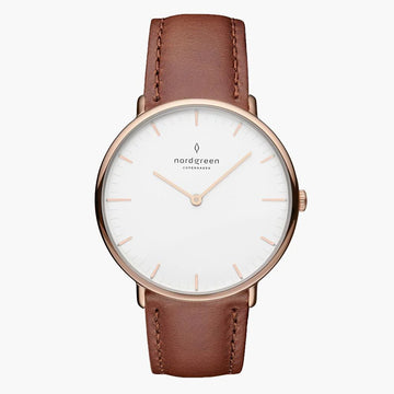 Nordgreen Native 32mm Rose Gold Case Brown Leather Strap Watch