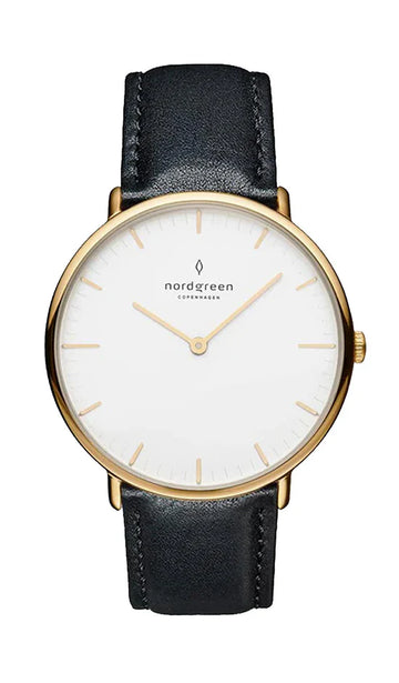 Nordgreen Native 36mm Yellow Gold Case Black Leather Strap Watch