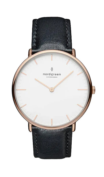 Nordgreen Native 36mm Rose Gold Case Black Leather Watch