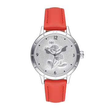 Disney Disney Mickey's 90th Sculpted Silver Dial Red Leaather Strap Watch