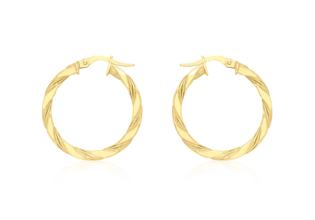 9K Yellow Gold Flat Twist Hoops 20 mm