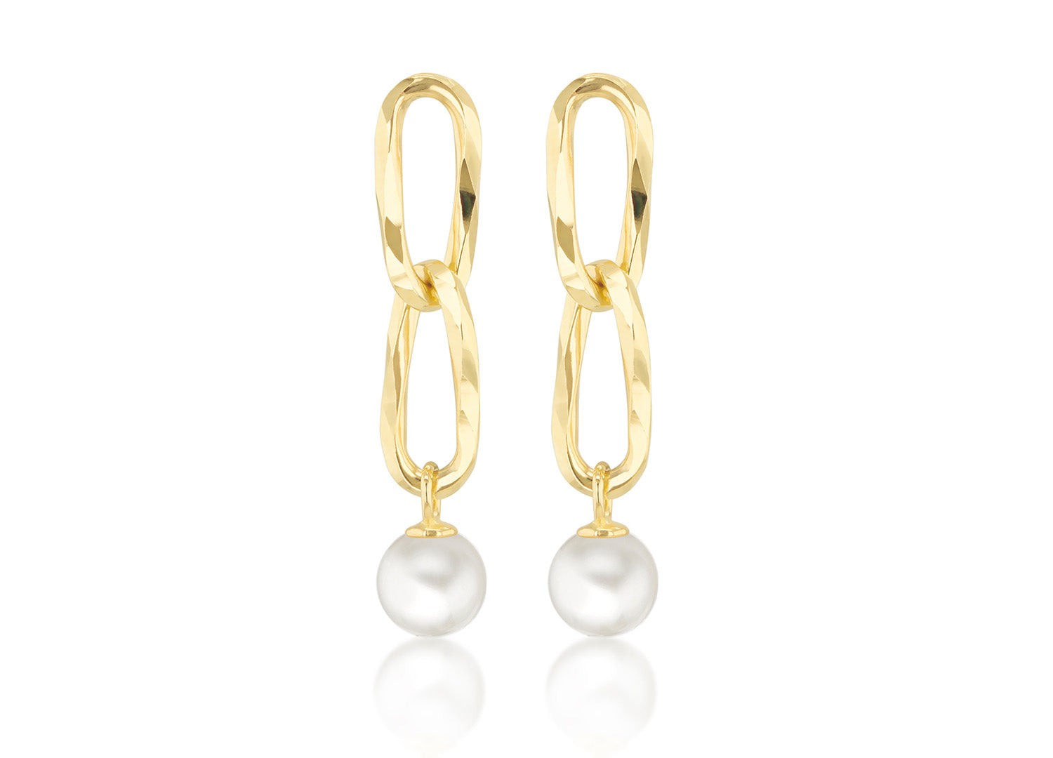 9K Yellow Gold Double Link Freshwater Pearl Drop Earrings