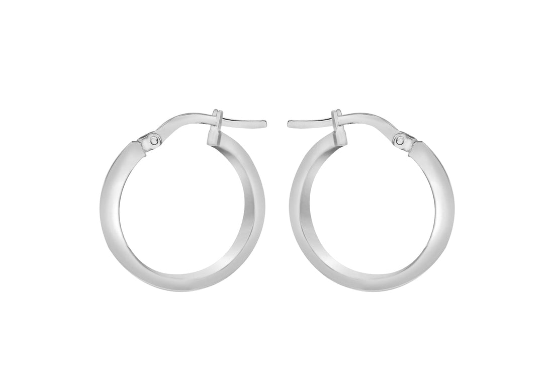 9K White Gold 3mm Rectangular-Tube 15mm Hoop Creole Earrings