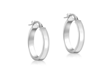 9K White Gold 3mm Rectangular-Tube 15mm Hoop Creole Earrings