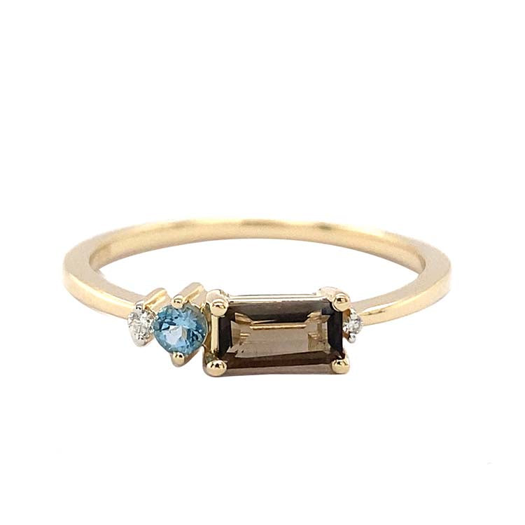 Diamond, Smoky Quartz, Blue Topaz Ring with 0.02ct Diamond in 9K Yellow Gold