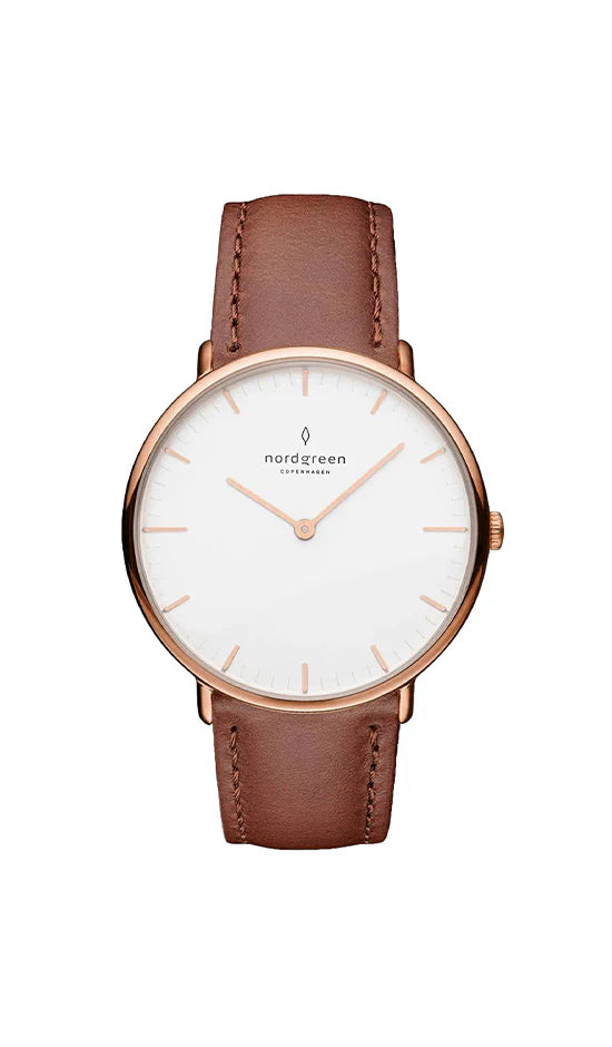 Nordgreen Native 28mm Rose Gold Case Brown Leather Strap Watch