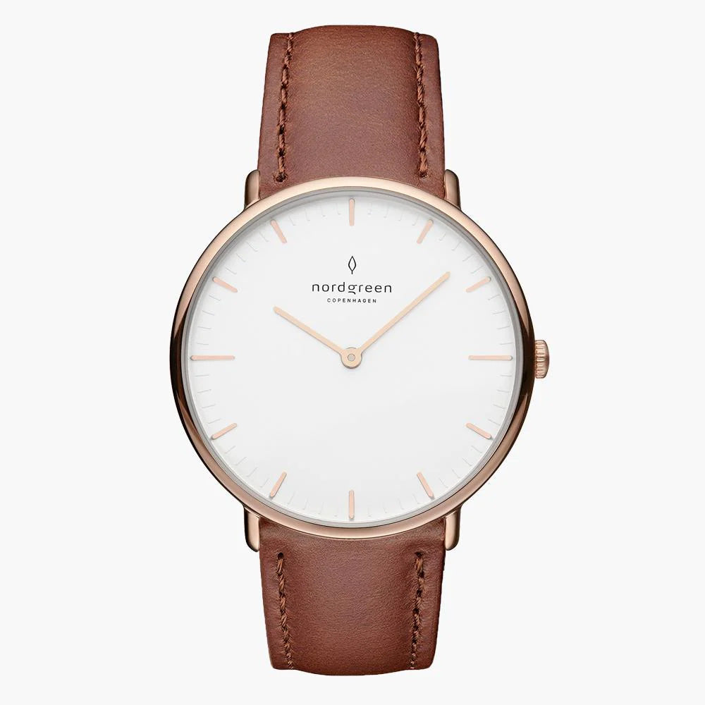 Nordgreen Native 32mm Rose Gold Case Brown Leather Strap Watch