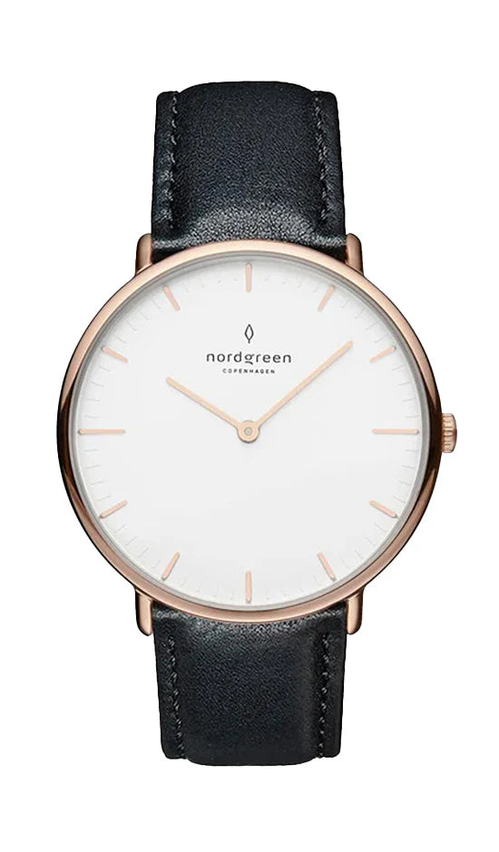 Nordgreen Native 36mm Rose Gold Case Black Leather Watch