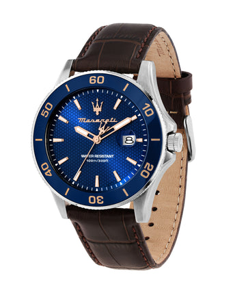 Maserati Competizione 43mm Blue Dial Brown Leather Strap Watch