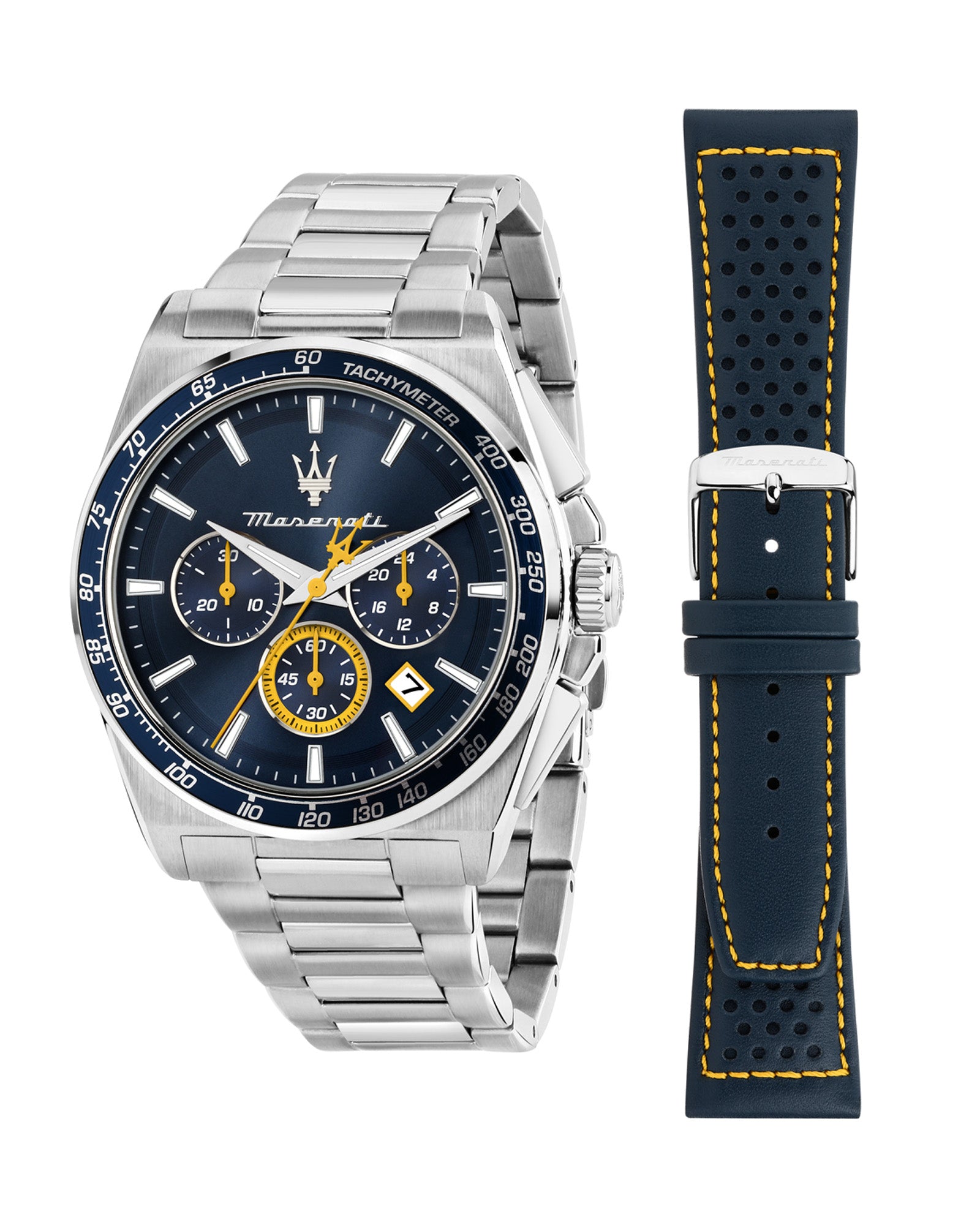 Maserati Velocita 43mm Chrono Blue Dial Stainless Steel Strap and Blue Leather Strap Watch